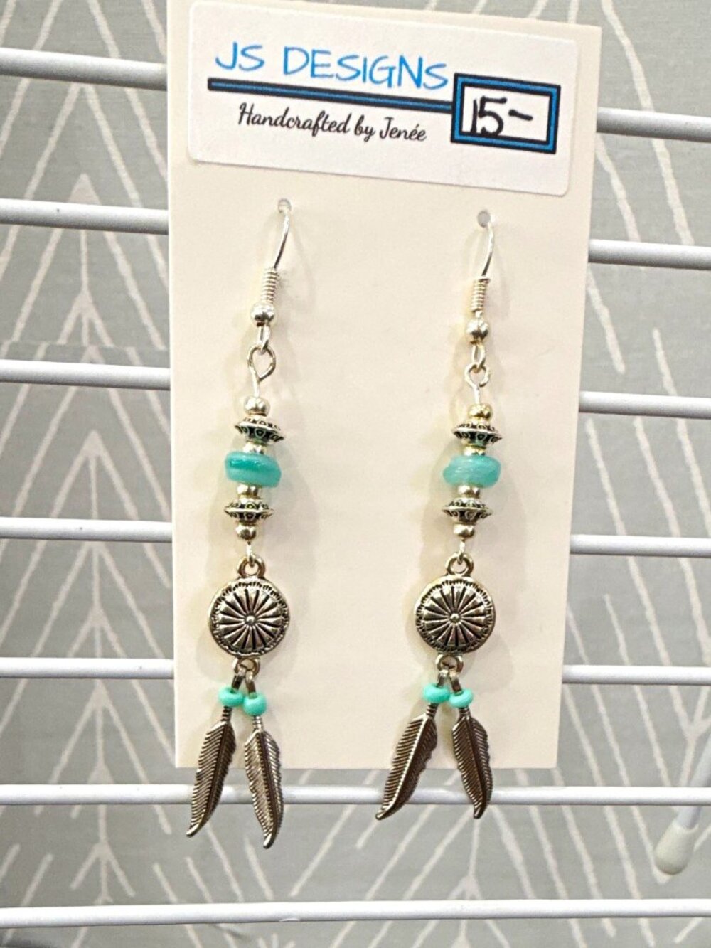 JS Designs Handcrafted Western Silver Plated Blue Glass Rondelle Feather Hook